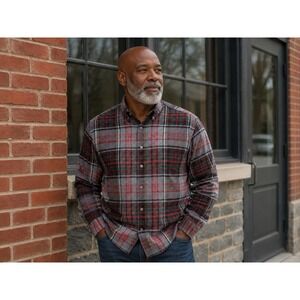 Redhead Flannel Mens Size Large Red Black Gray Plaid 100% Cotton Work Chore